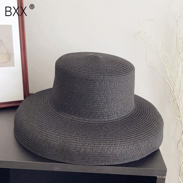 

[bxx] 2019 summer women's personality solid color flat straw weaving fisherman hat ladies beach holiday all match hat li9151, Blue;gray