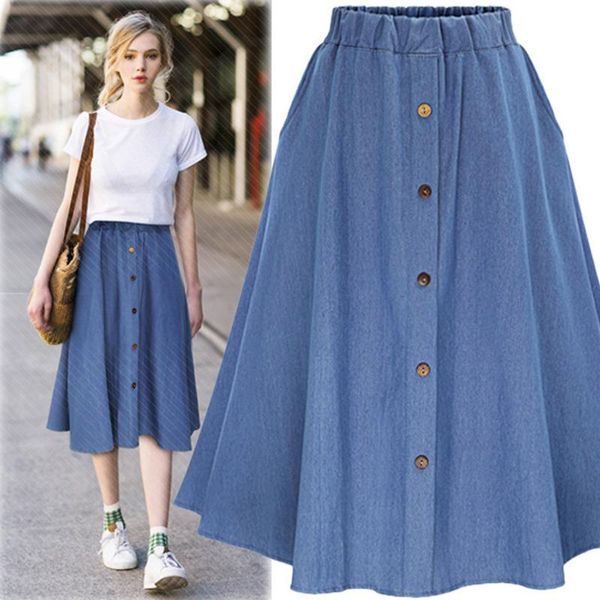 

skirts vintage denim skirt high waist midi button long a-line women jeans womens streetwear solid jupe femme, Black