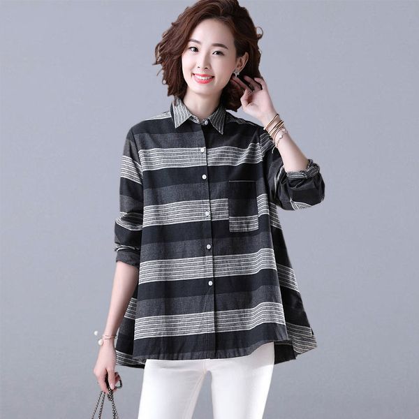 

women casual shirts autumn long sleeve striped blouses new fashion harajuku style cotton linen mori girls basic shirt p187 210412, White