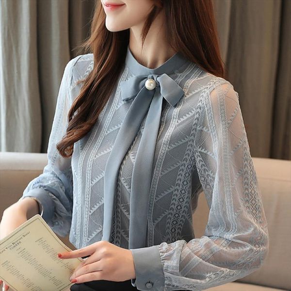

blusas mujer de moda womens blouses long sleeve stand collar lace chiffon shirt blusa b910, White