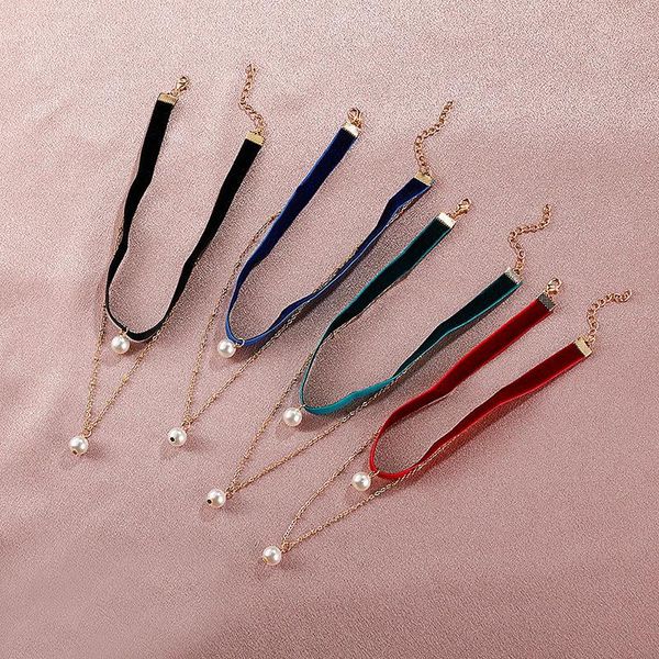

pendant necklaces vintage velvet choker simulated pearl for women ladies multilayer chain chocker necklace party jewelry gifts, Silver