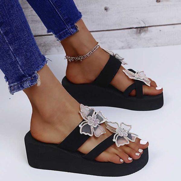 

women fashion butterfly ornament platform sandals and slippers thick bottom casual slides shoes black white size 10.5