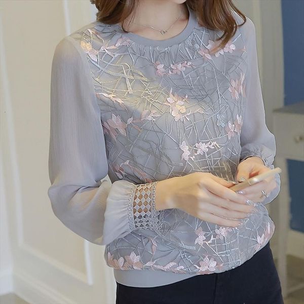 

long sleeve floral embroidery womens shirt o neck lace chiffon blusa ladies casual df2289, White