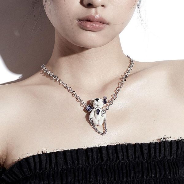 

pendant necklaces 2021 design lovely plush bear inlay purple rhinestone silver color chain necklace for women jewelry
