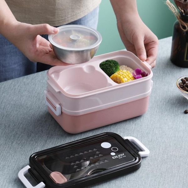

double-layer insulated lunch box with cutlery set heat preservation container portable insulation dinnerware storage bottles & jars