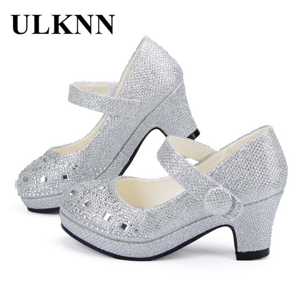 

ulknn children princess shoes for girls sandals high heel glitter shiny enfants fille female party dress 220222, Black;red