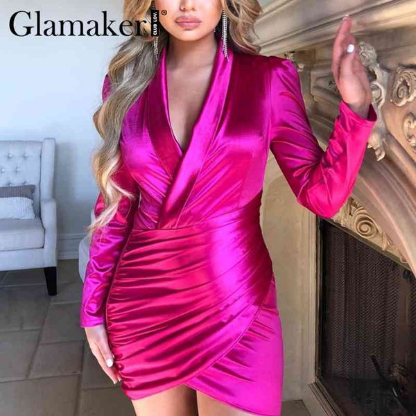 

glamaker satin bodycon shir dress party club elegant long sleeve slim mini dress women irregular chic rose red dress 210414, Black;gray