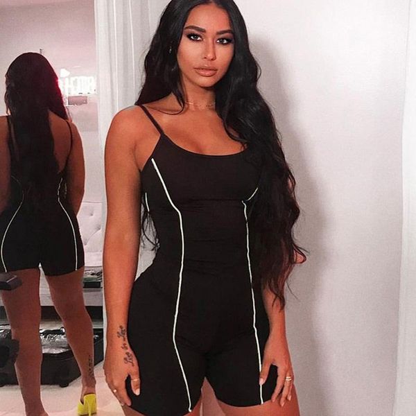 

women's jumpsuits & rompers strap playsuit neon color overalls for women skinny bodysuit reflective stripe backless sport fitness combi, Black;white