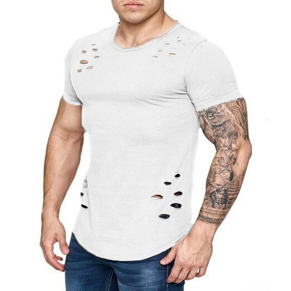 

fashion streetwear break hole men's t-shirt slim short sleeve t shirt casual solid color crew neck hip hop tshirt kg-104, White;black