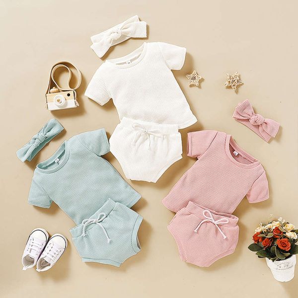 

summer baby clothes set short sleeve pants solid color fashion, White