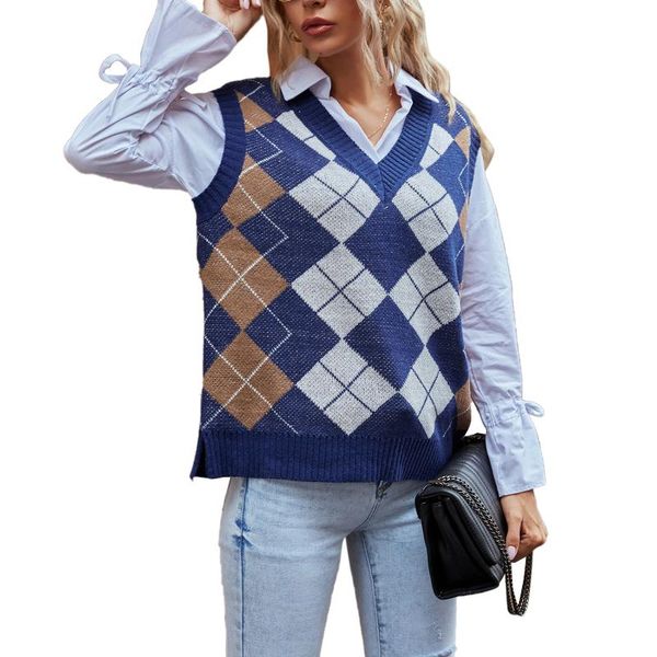 

women's vests woman sweater vest fashion autumn winter ladies sleeveless v-neck plaid college style hit color versatile no irritating, Black;white