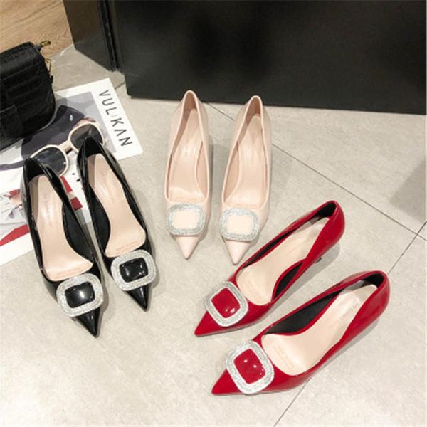 

dress shoes wedding women 2021 summer european and american pointed patent leather fashion letters square buckle fine heel high, Black