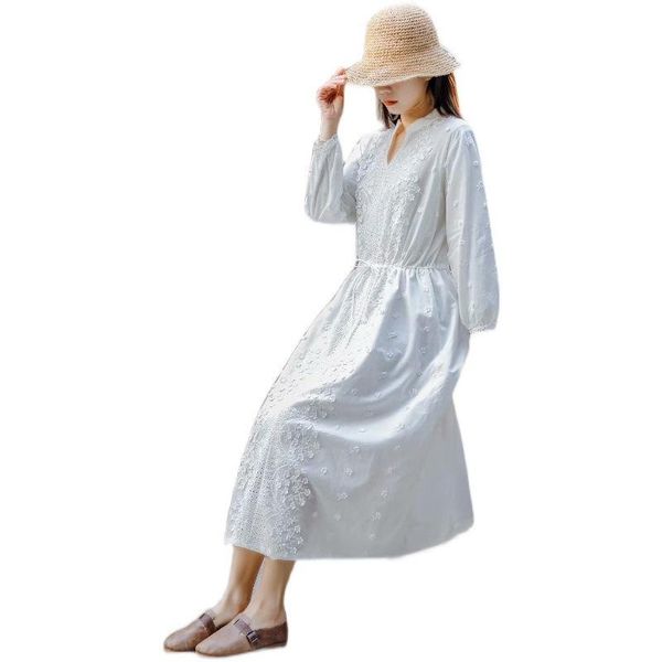 

casual dresses romantic flowers stitch white long dress mori girl ft721, Black;gray