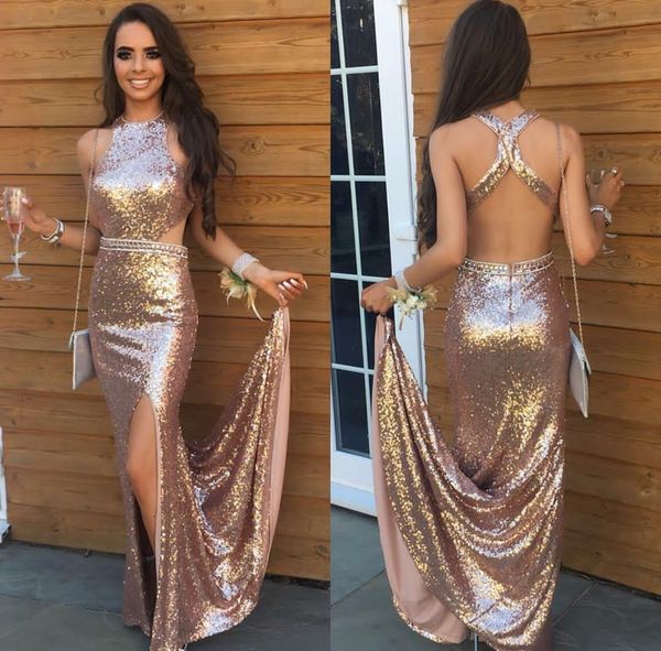 

cutaway sides prom dresses long side split sequined mermaid evening dress with sash backless robe de marrige, Black