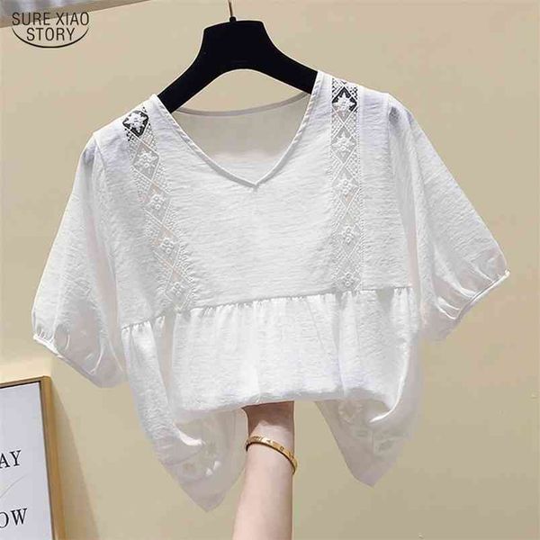 

solid v-neck women and blouses korean fashion clohthing loose short sleeve white shirts elegant office lady blusa 9715 210506