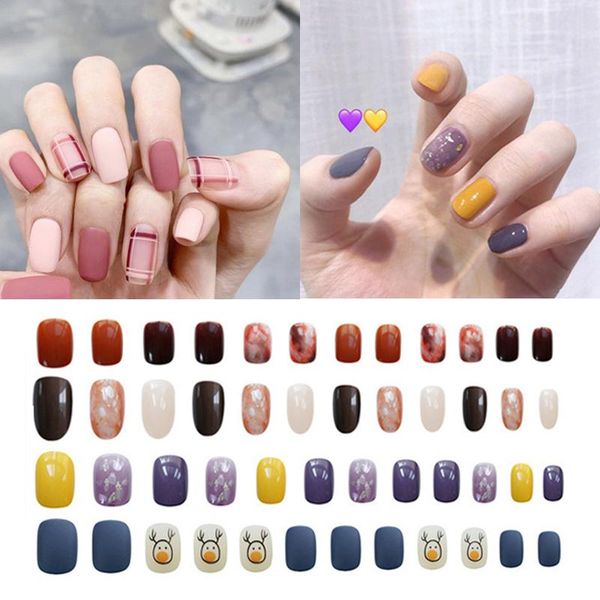 

false nails 24pcs fake art nail tips press on designs set full cover artificial with glue short packaging for manicure, Red;gold
