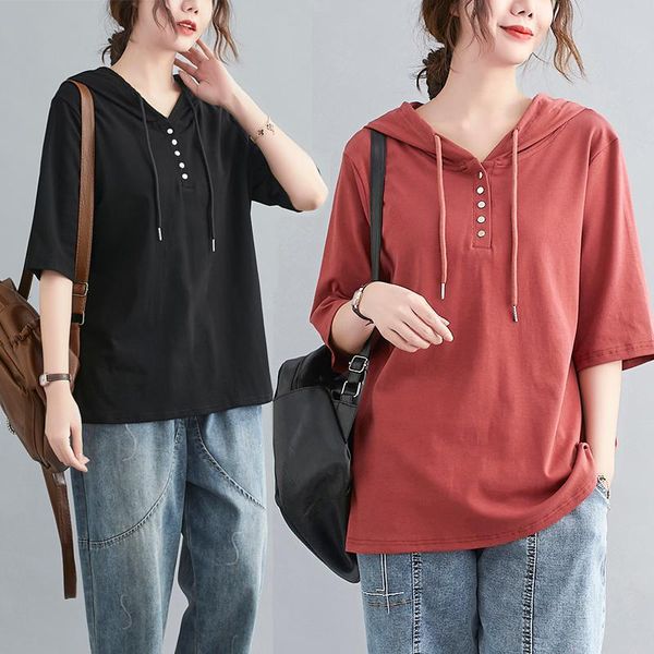 

women's t-shirt summer t-shirts for women korean version cotton hooded short sleeve buttons fashion solid color loose casual female tee, White
