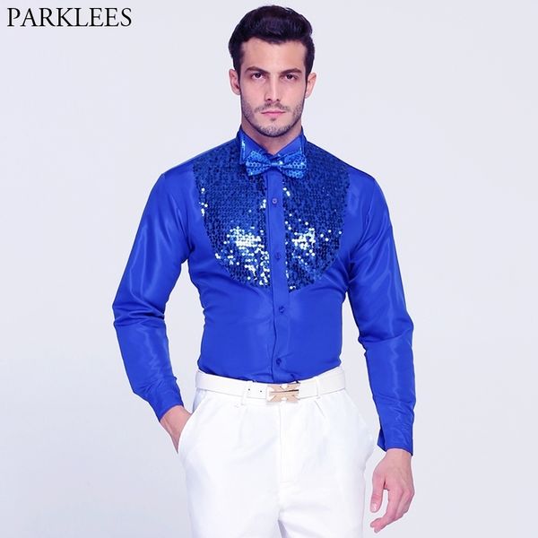 

royal blue sequin patchwork dress shirt men brand wing tip slim fit western cowboy festivals shirt male party dance prom chemise 210522, White;black