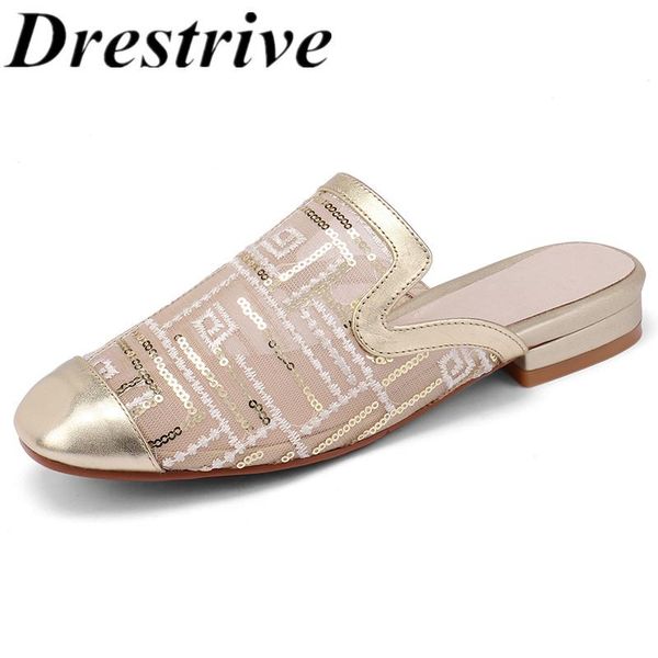

slippers drestrive women's low heels gold mesh bling round toe 2021 summer girls pumps big size 43 cow leather casual shoes, Black