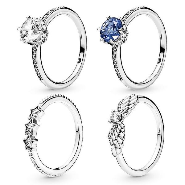 

original 925 sterling silver blue crown elegant rings heart star crystal ring for women wedding jewelry party gift, Slivery;golden
