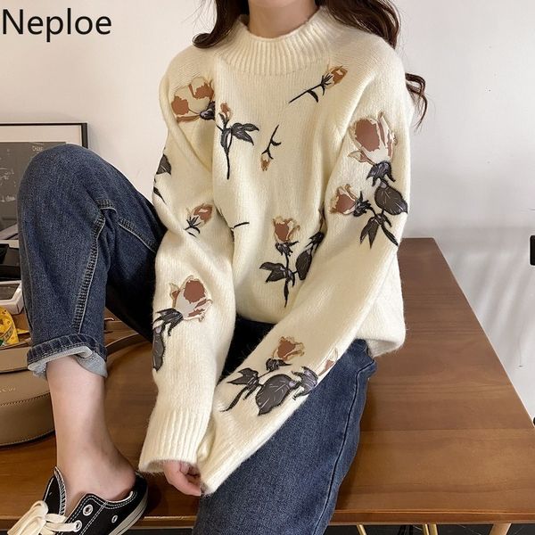 

neploe heavy embroidery rose pullovers chic sweet knitted sweaters women autumn winter clothes sueter thicked warm pull femme 210422, White;black