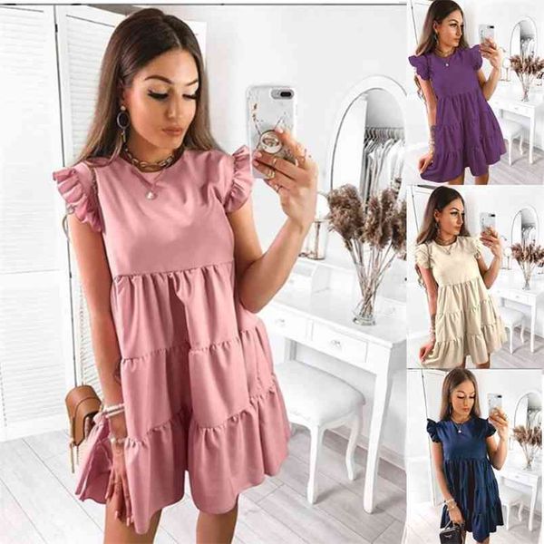 

women summer sundress casual ruffles sleeves round neck boho party vestidos elegant mini dress fashion vestido de mujer 210517, Black;gray