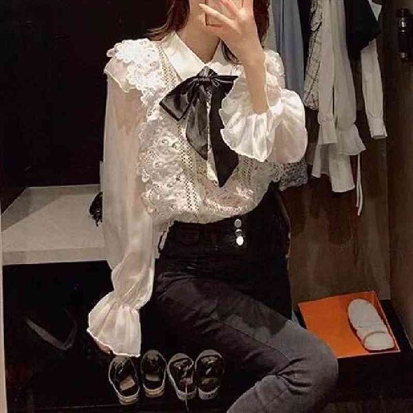 

koean style lace elegant and womens shirt long sleeve turn down collar slim shirts ladies vintage female spring, White
