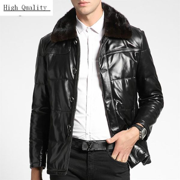 

men's leather & faux real jacket men parka cllar down sheepskin coat winter warm genuine outwear lwl1475, Black