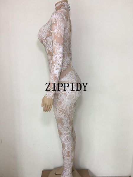 

women's jumpsuits & rompers bright rhinestones white jumpsuit stretch costume women nightclub party wear dance bar bodysuit fashion, Black;white