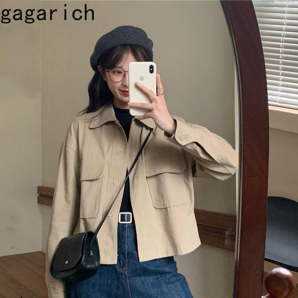 

women's jackets gagarich woman 2021 autumn ins fashion solid simple turn down collar pocket stitching long sleeves female short coat, Black;brown