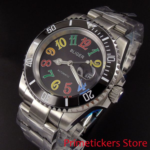 

40 mm black dial ceramic date lighting automatic clock colorful numbers, Slivery;brown