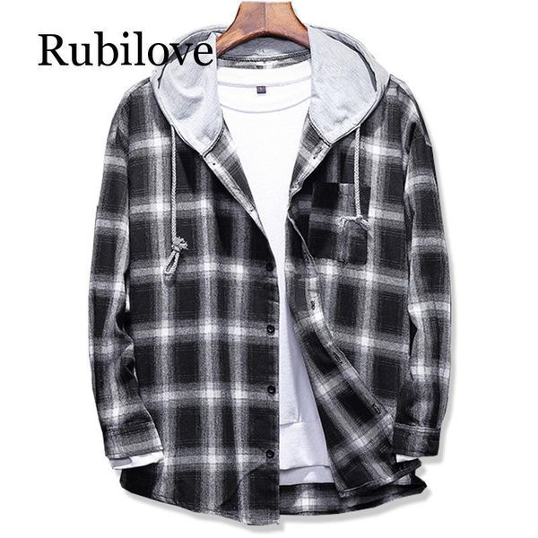 

men's casual shirts rubilove 2021 spring autumn slim fit men long sleeve hooded shirt plaid male large size 5xl, White;black