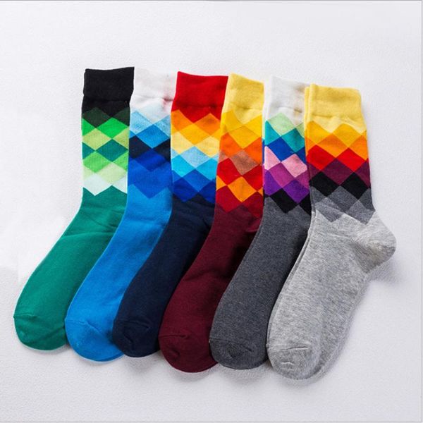 

men's socks happy british style gradient color cotton sports long tube diamond lattice, Black