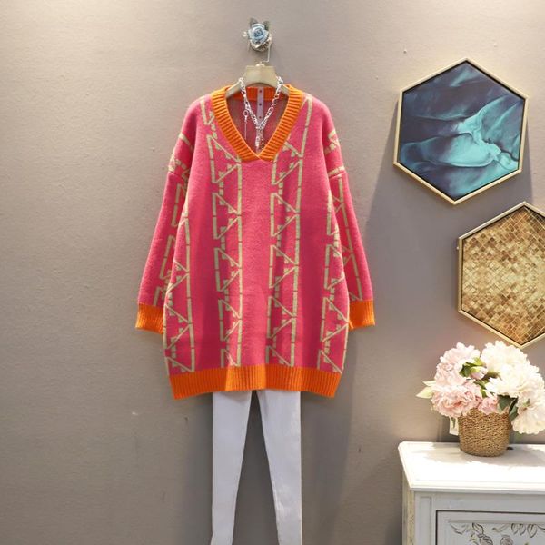 

casual dresses [ewq] dress women's pullover knitted sweater print office lady loose full sleeve v-collar 2021 spring autumn fashion tu7, Black;gray