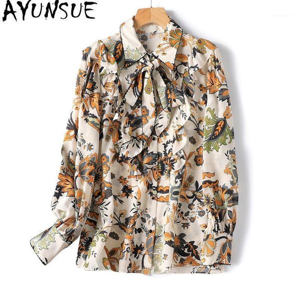 

korean style women's shirt 100% silk blouse long sleeve female elegant floral women blouses spring 2021 ropa mujer 1 & shirts, White