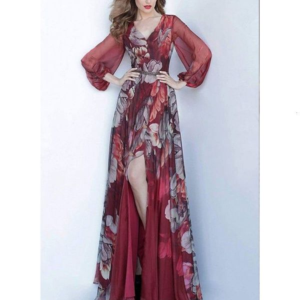 

casual dresses spring red printed chiffon large swing v-neck split for women party fashion all-matching slimming 8xyg, Black;gray