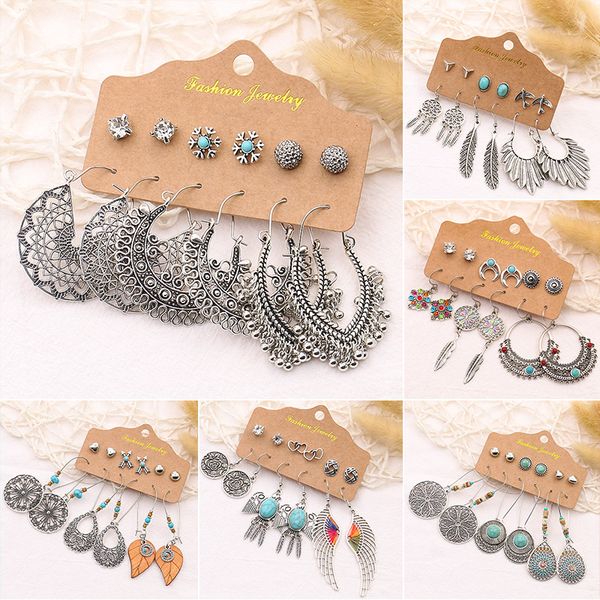 

vintage bohemian earrings set for women girls statement jewelry ethnic silver color geometric heart flower tassel dangle earring