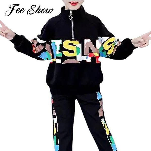 

running sets fashion kids girls sport outfit tracksuits long sleeves colorful letters print and pants children sports casual sportswear, Black;blue