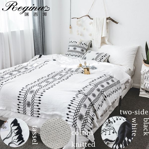 Coperta da tiro Decorazione per la casa in stile nordico Copriletto con nappe Copridivano morbido Coperta lavorata a maglia in cotone bianco nero classico