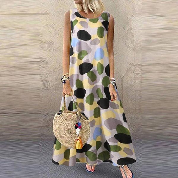 

casual dresses summer bohemian printed sundress women o neck sleeveless long dress beach party vestido plus size sarafans, Black;gray