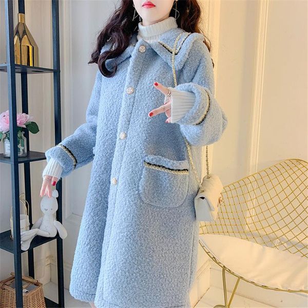 

women's wool & blends winter thicken warm imitation lamb cashmere korean fashion mid-length outerwear women all-match woolen coat0757, Black