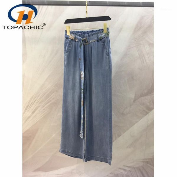 

women's jeans 6.25 2021 comfortable cotton elastic waist print belt loose denim straight trousers fashion wide leg, Blue