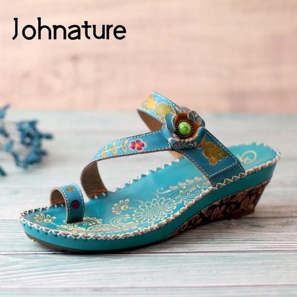 

slippers johnature women summer slides genuine leather shoes hand-painted 2021 wedges sewing handmade ladies, Black