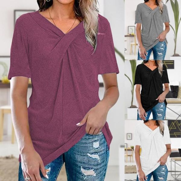 

women's t-shirt women summer t-shirts short sleeve v neck tees cross knot solid color breathable polyester daily wear casual, White