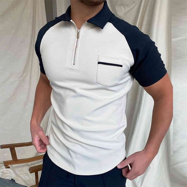 

men's zip short sve polo large casual shirt, cht pocket, color stitching, m-3xl, large, summer, White;black