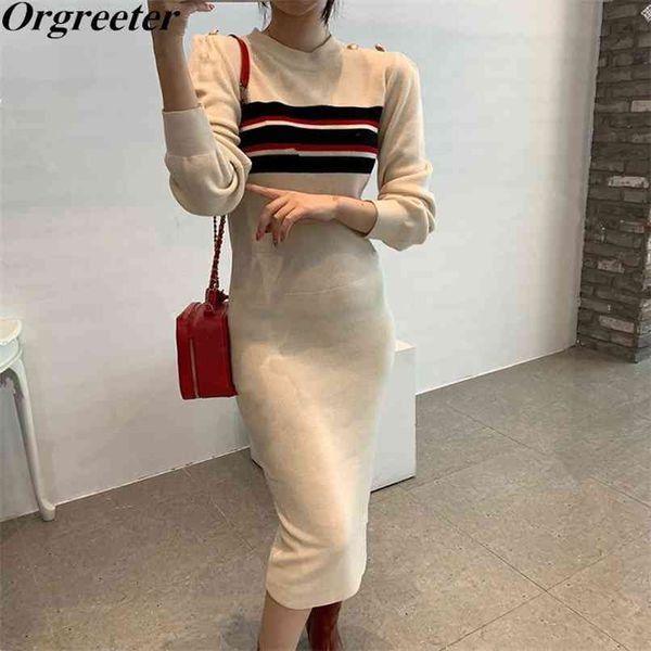 

elegant o-neck shoulder button deco women striped contrast sweater dress ol long sleeve knitted knee-length pullover 210602, Black;gray