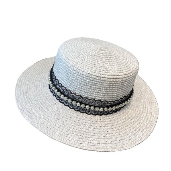 

wide brim hats temperament style celebrity pearl lace flat straw hat female travel holiday parasol fisherman black, Blue;gray