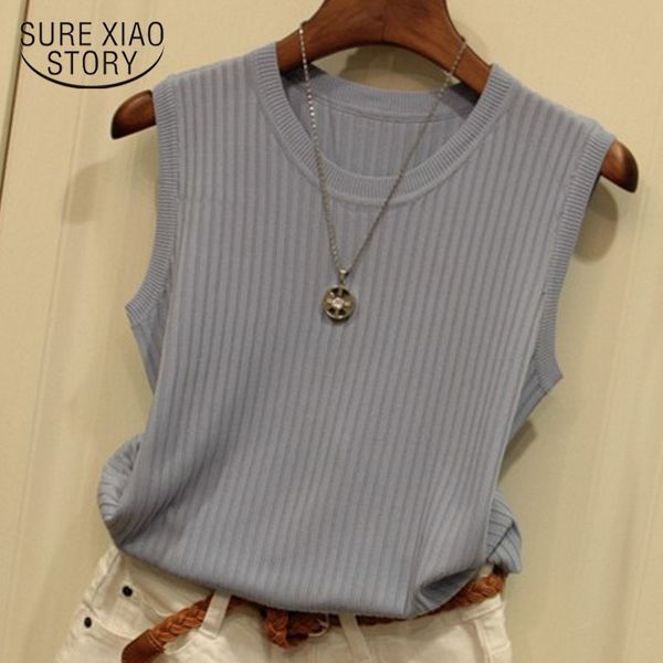

summer women wide shoulder strap round neck joker thin sleeveless ice silk knitted vest women's coat solid color 4588 210510, White