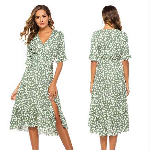 

summer printed ruffle dress short sleeve v-neck side split bohemian beach bandage green midi womens a-line swing dress, Black;gray