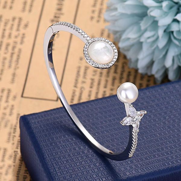 

bangle elegant ladies classic clover pearl opem bracelets opal zirconia bracelet femme holiday gifts jewelry zk30, Black